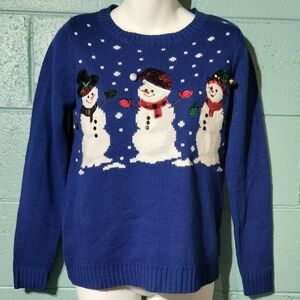 Karen Scott Deep Royal Blue Knit Sweater With Three Snowmen Embroidery